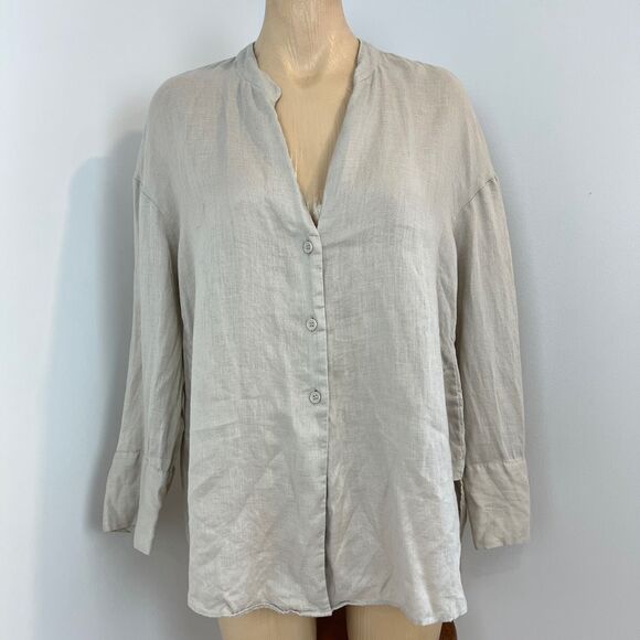 Zara Women's Small Beige Grey Linen Blend Long Sleeve Button Down Shirt Peasant - Picture 1 of 11